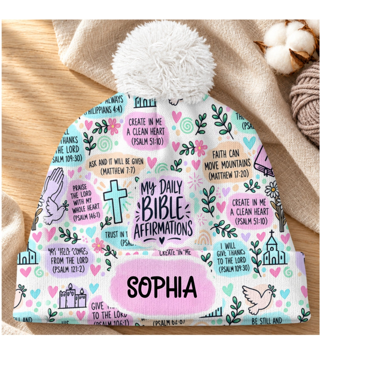My Daily Bible Affirmations, Christian Gifts For Mom, Grandma, Daughter, Sister | Personalized Bobble Beanie Hat