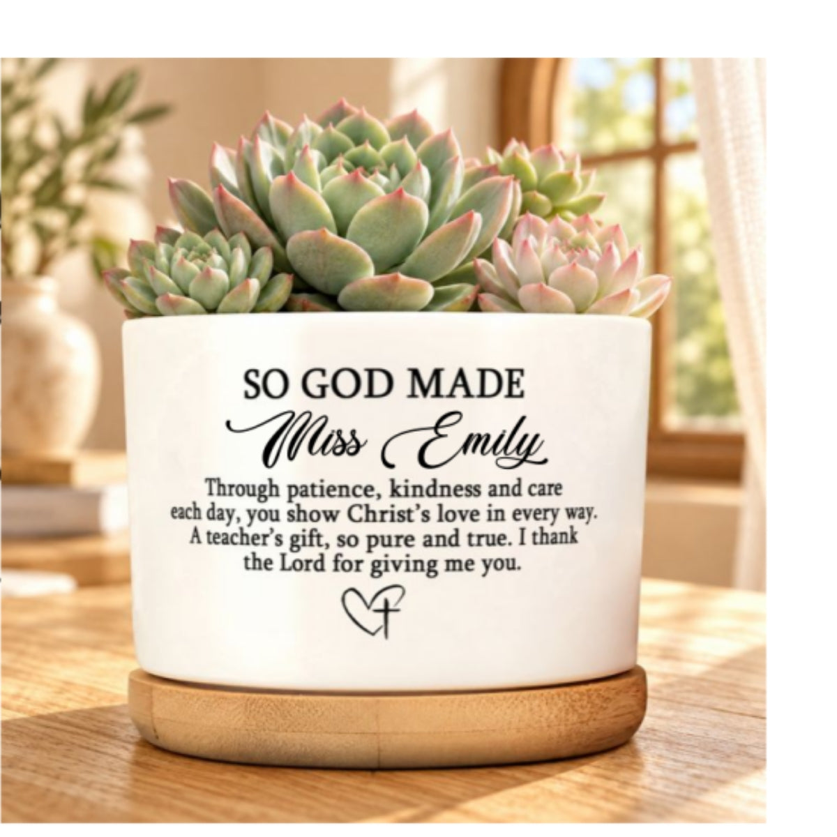 So God Made A Teacher, Gift For Teacher | Personalized Ceramic Plant Pot With Bamboo Tray