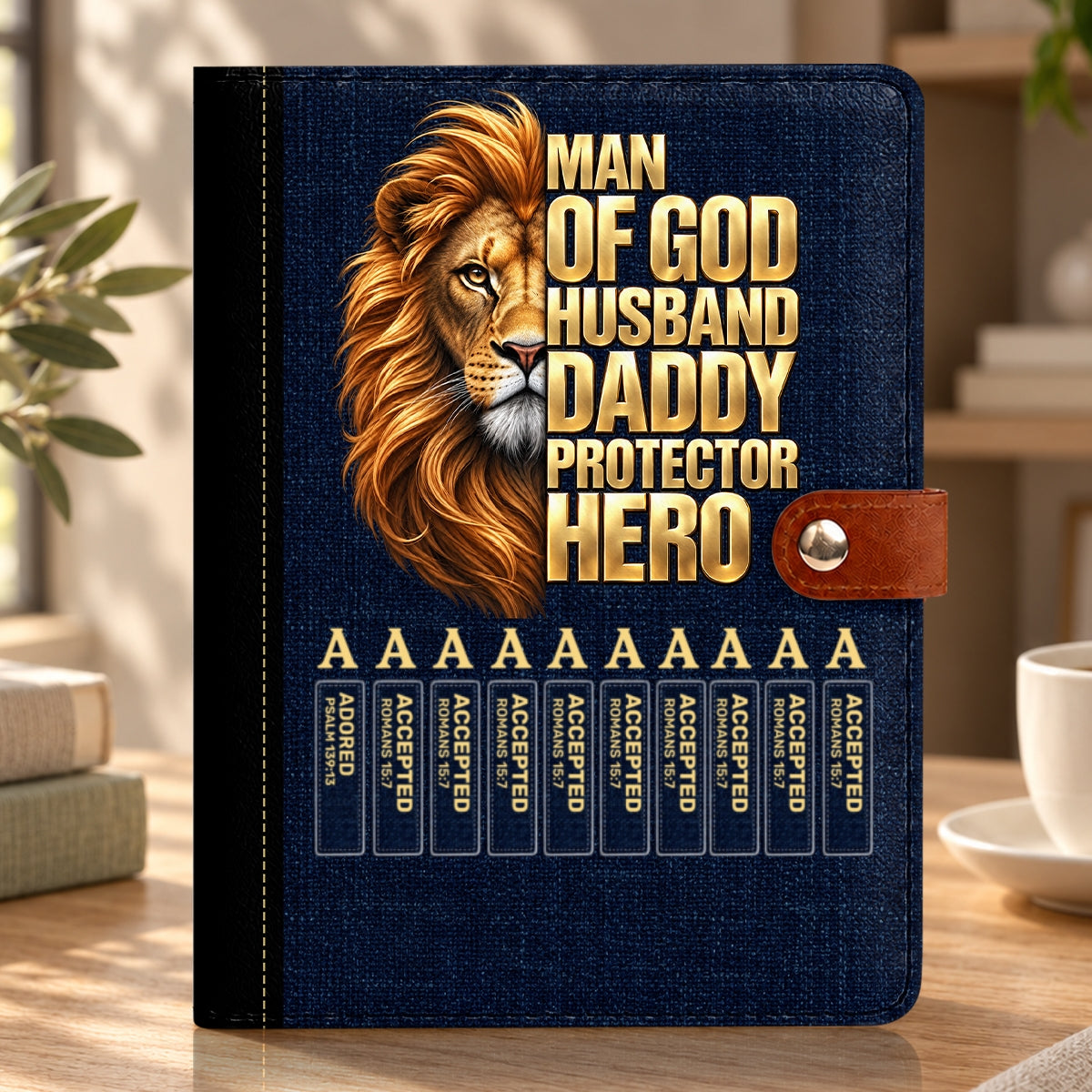 Man Of God Husband Dad Protector Hero, Gift For Dad | Personalized Leather Notebook Cover With Pocket