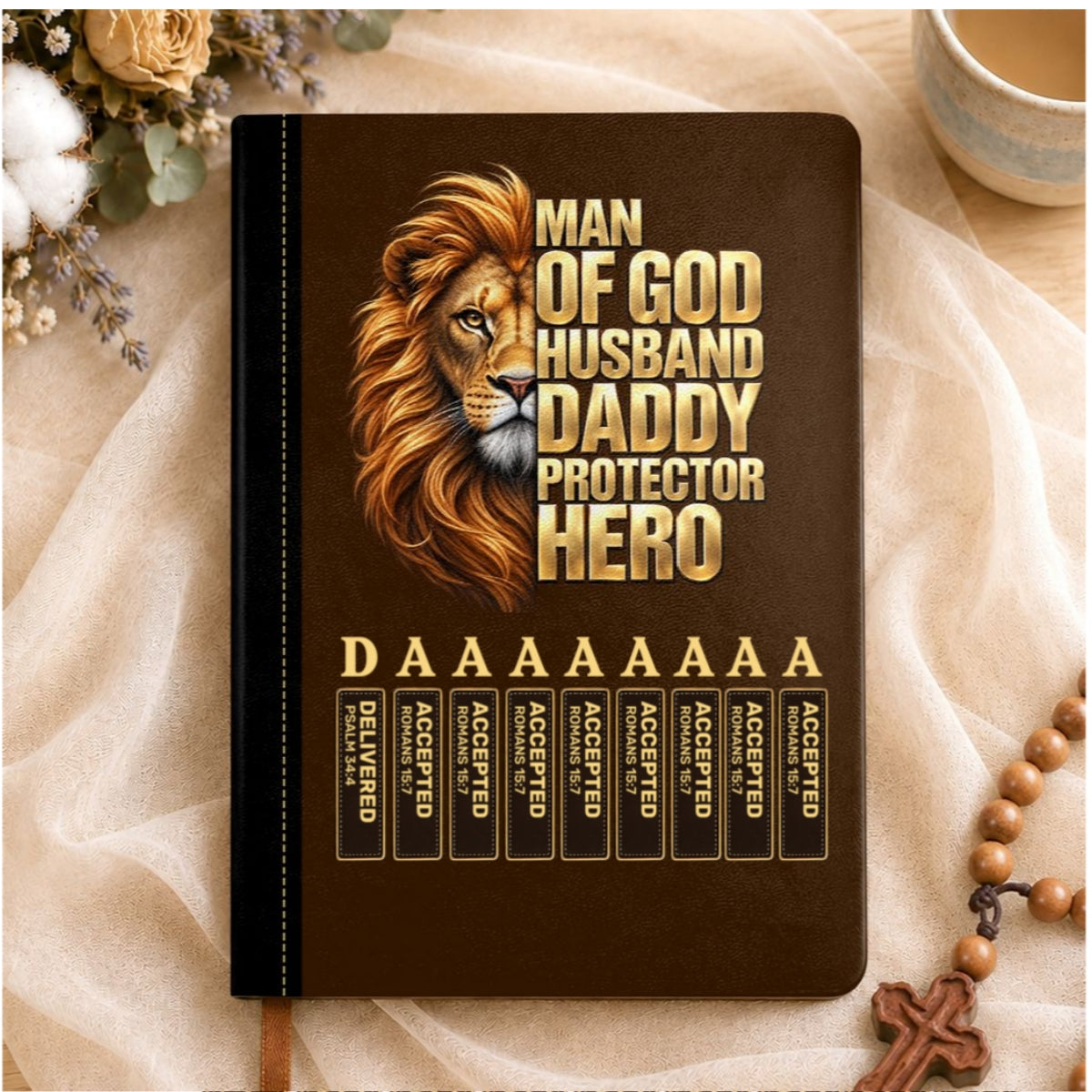 Man Of God Husband Dad Protector Hero, Gift For Dad | Personalized Leather Cover Notebook