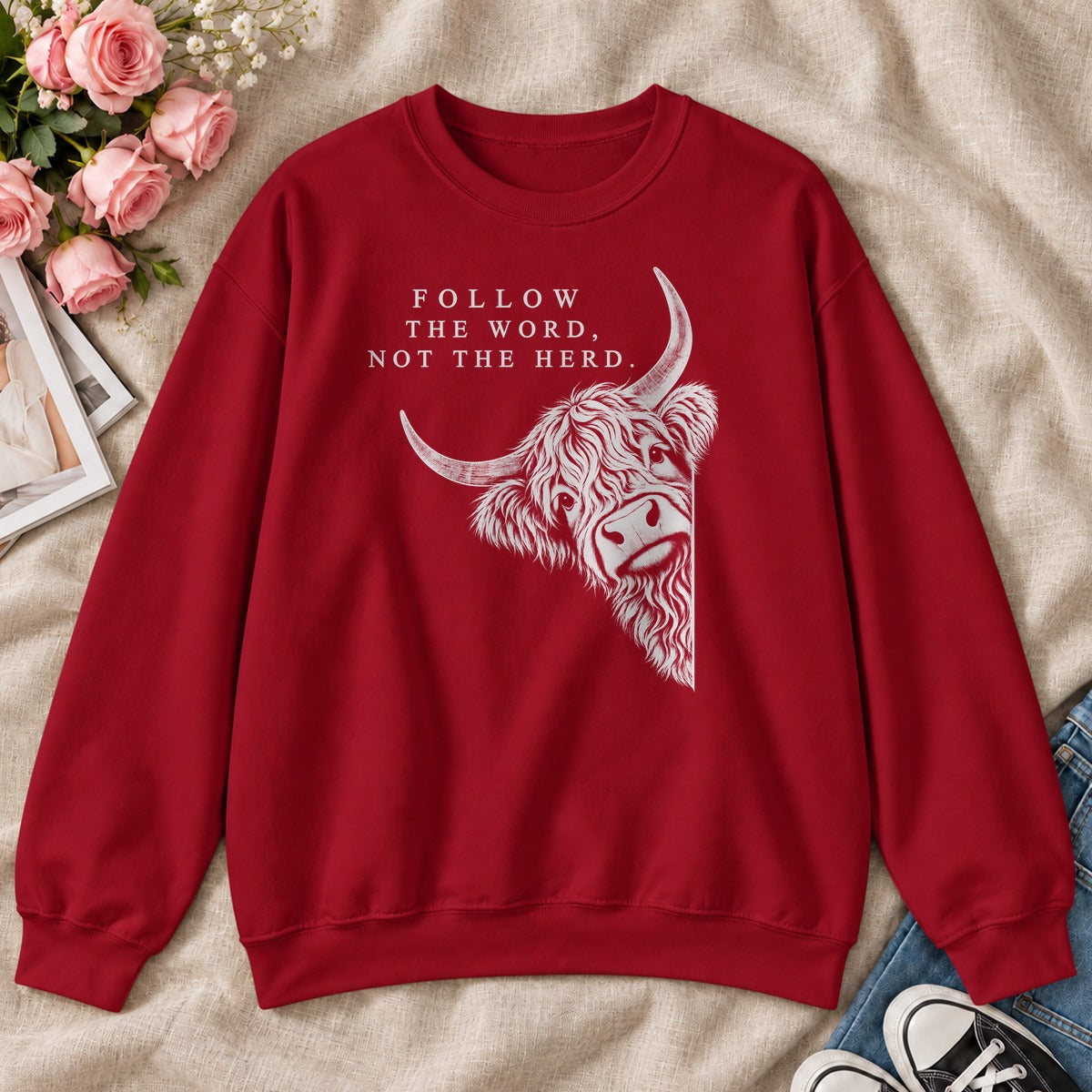 Follow The Word Not The Herd, Gift For Christian Highland Cow Lovers - 2D Unisex Sweatshirt