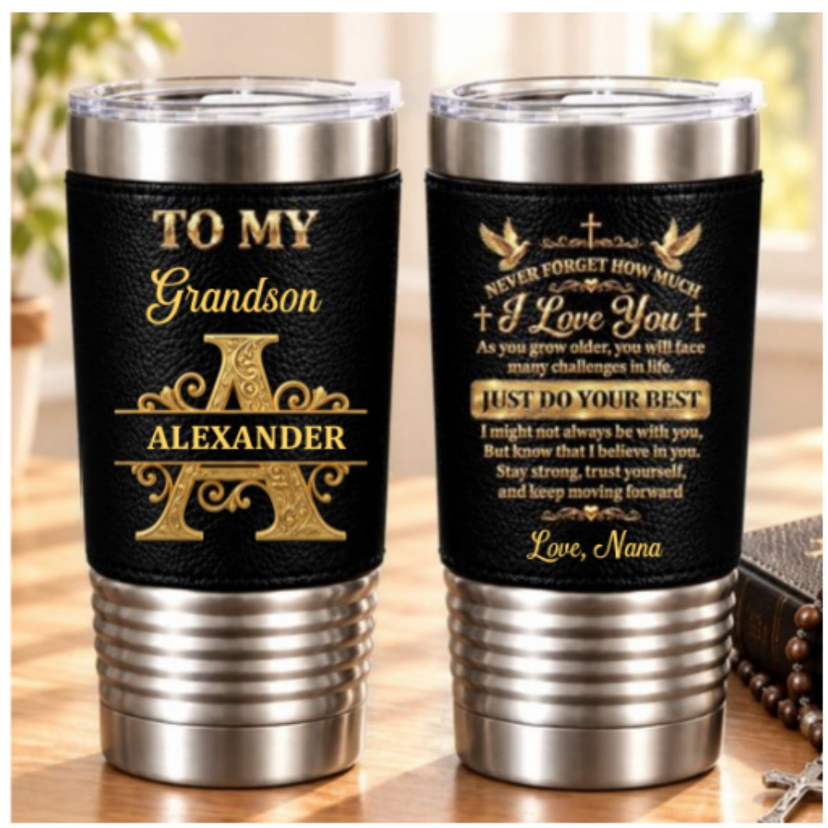 To My Grandson Never Forget How Much I Love You, Gift For Grandson | Personalized 20oz Leather Wrapped Tumbler