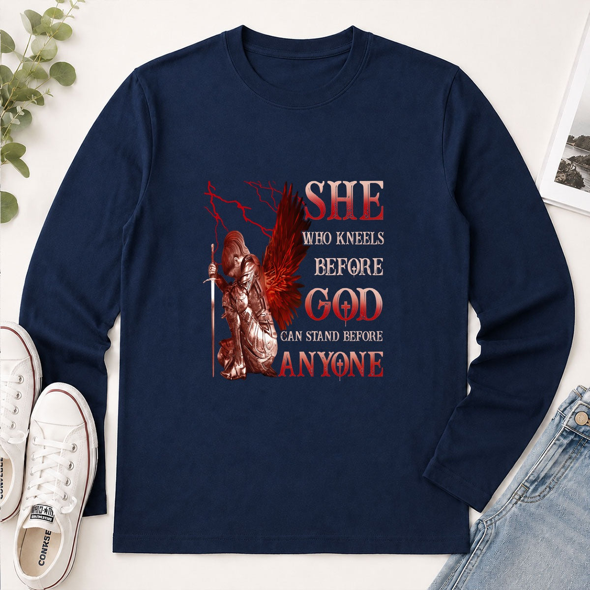 She Who Kneels Before God Can Stand Before Anyone, Christian Gift - 2D Unisex Long Sleeve