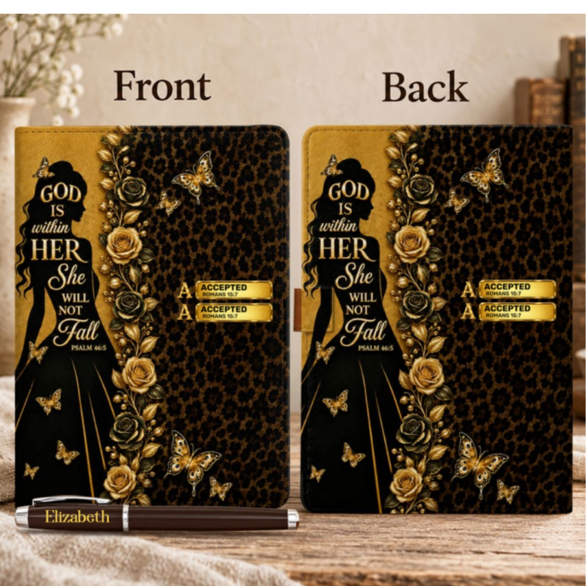 God Is Within Her She Will Not Fall, Gift For Women | Personalized Leather Notebook & Pen Set