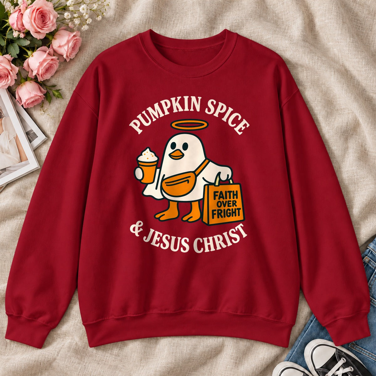 Pumpkin Spice And Jesus Christ Faith Over Fright, Gift For Christian Fall Lovers - 2D Unisex Sweatshirt