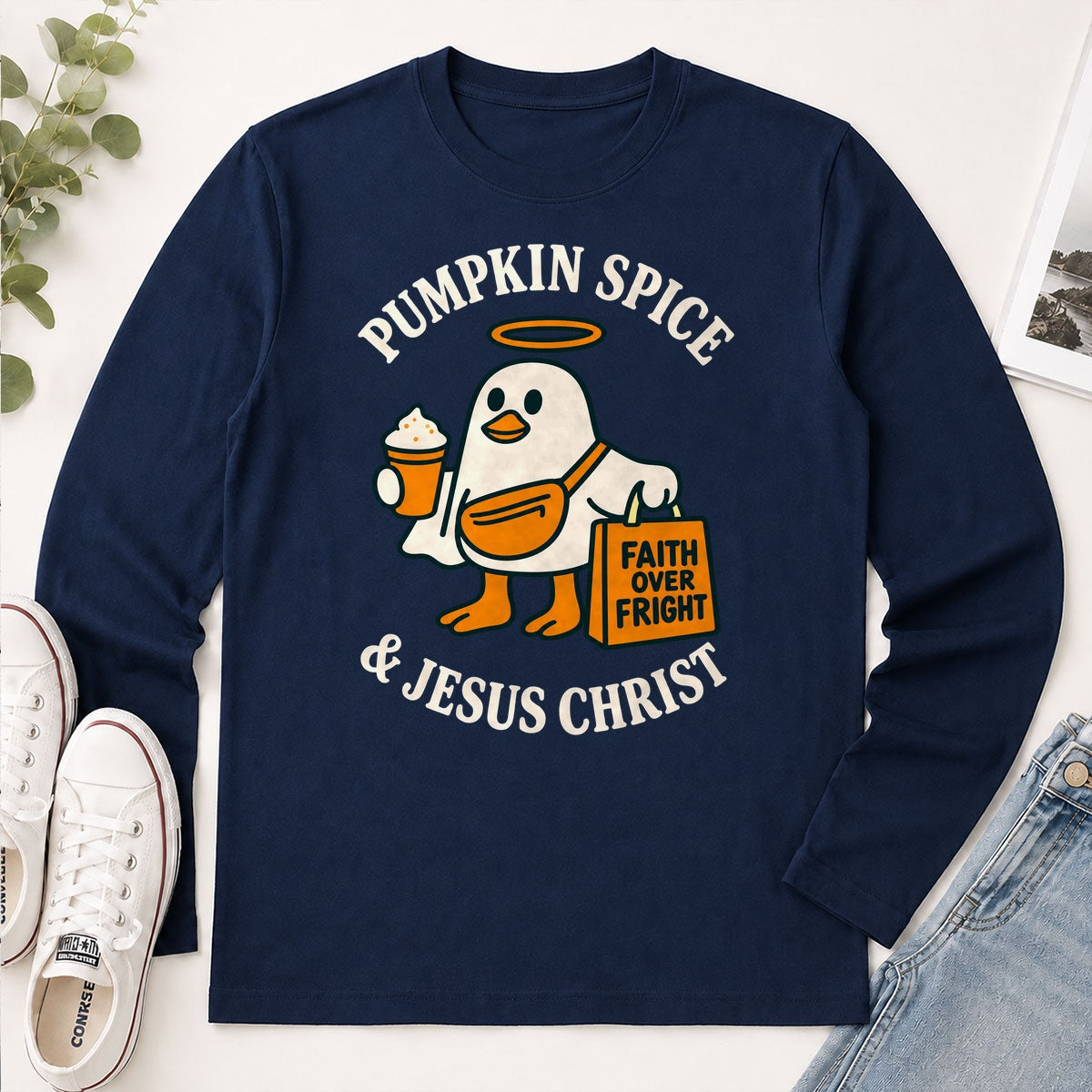 Pumpkin Spice And Jesus Christ Faith Over Fright, Gift For Christian Halloween Lovers - 2D Unisex Long Sleeve