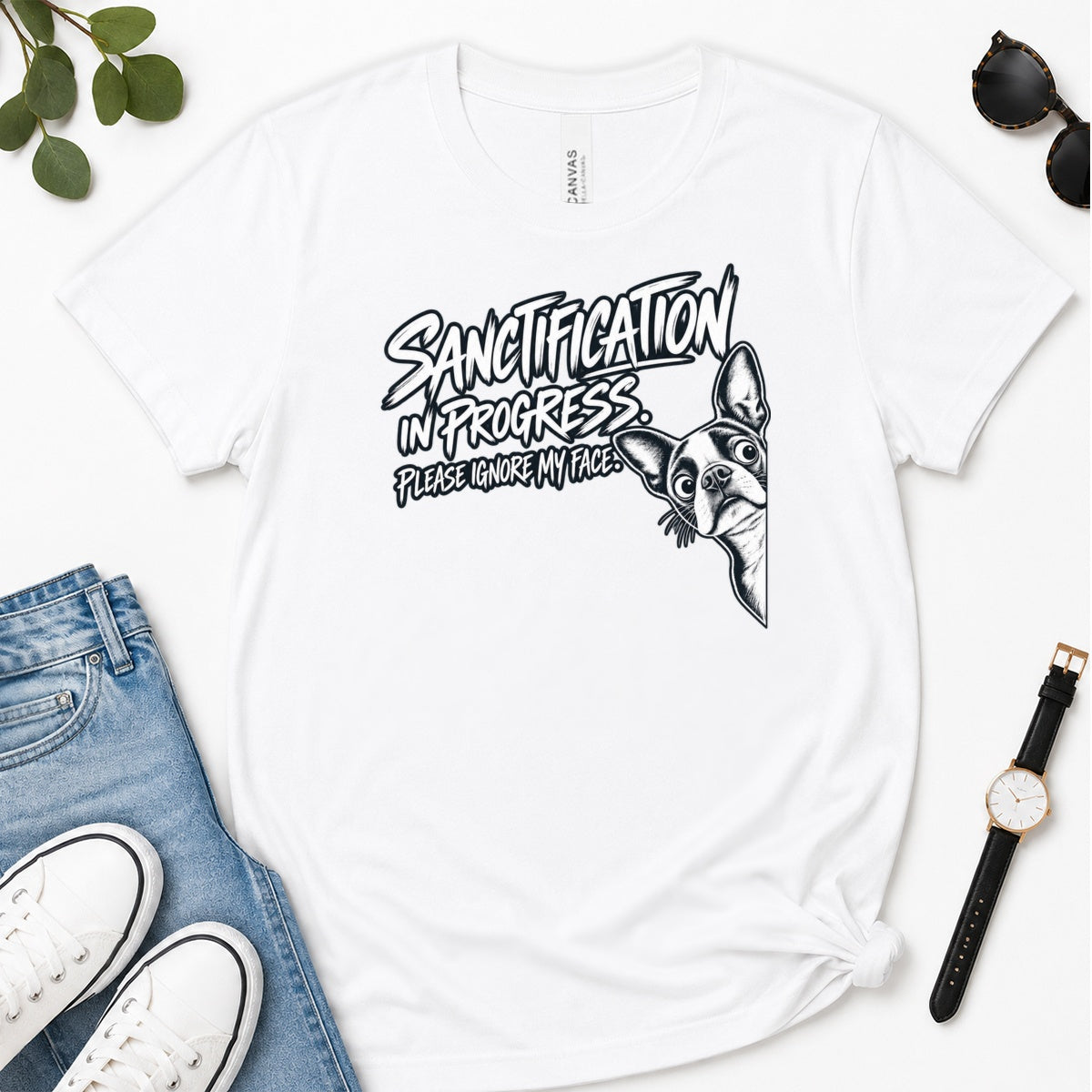 Sanctification In Progress, Gift For Christian Boston Terrier Lovers - 2D Unisex Premium T-shirt