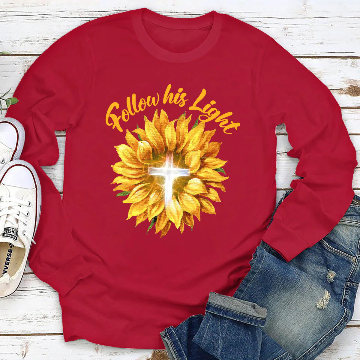 Sunflower & Cross - Follow His Light | 2D Unisex Long Sleeve