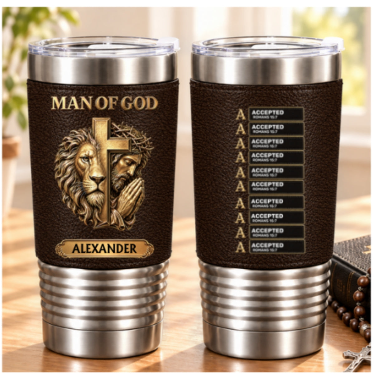 Man Of God, Gift For Him | Personalized 20oz Leather Wrapped Tumbler