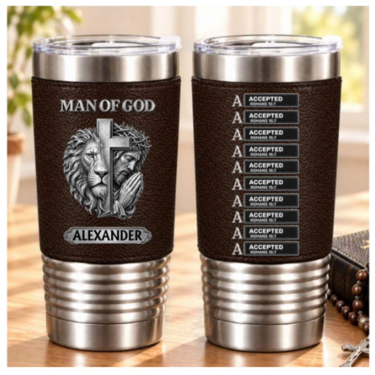 Man Of God, Gift For Husband | Personalized 20oz Leather Wrapped TumblerPersonalized 20oz Leather Wrapped Tumbler