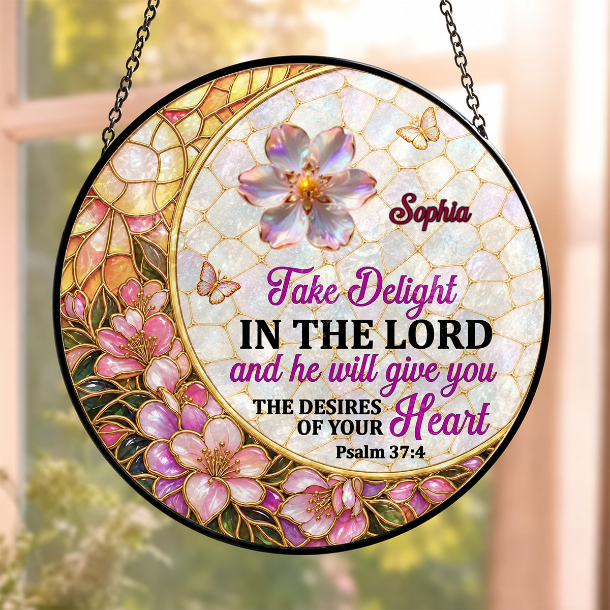Take Delight In The Lord, Christian Gifts For Mom | Personalized Stained Glass Window Hanging Suncatcher