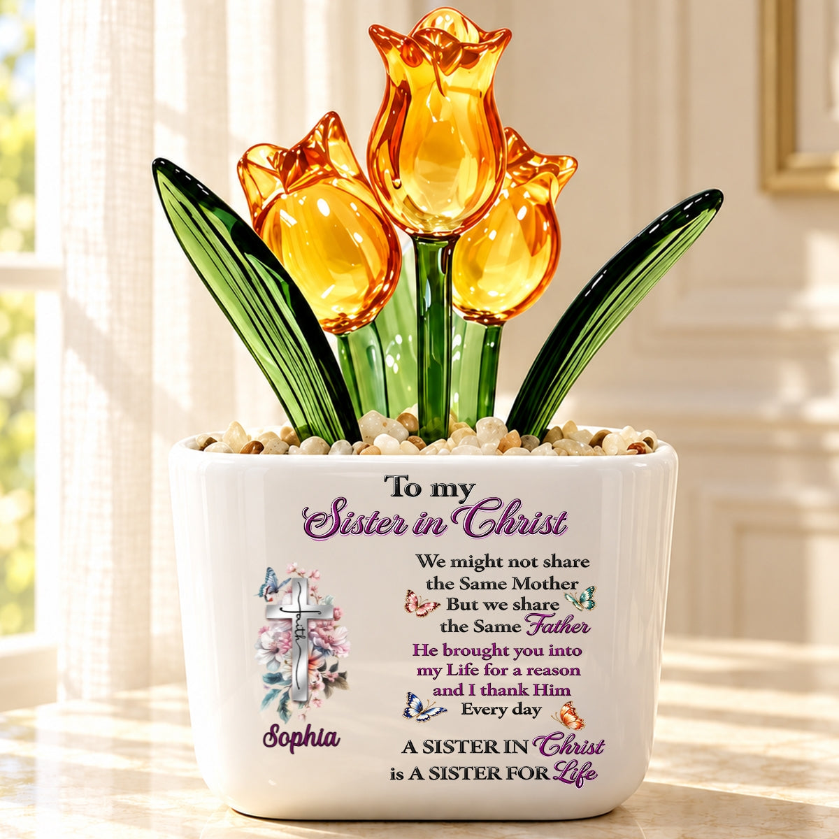 To My Sister In Christ, Christian Gifts For Sister In Christ | Personalized Glass Everlasting Tulips