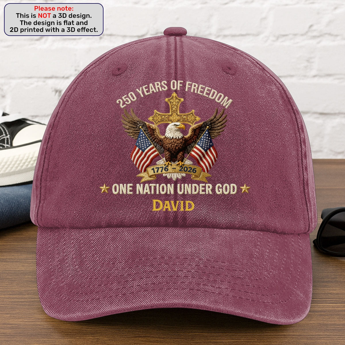 Faux Puff Embroidery Effect 250 Years Of Freedom One Nation Under God | Personalized Vintage Washed Denim Cap