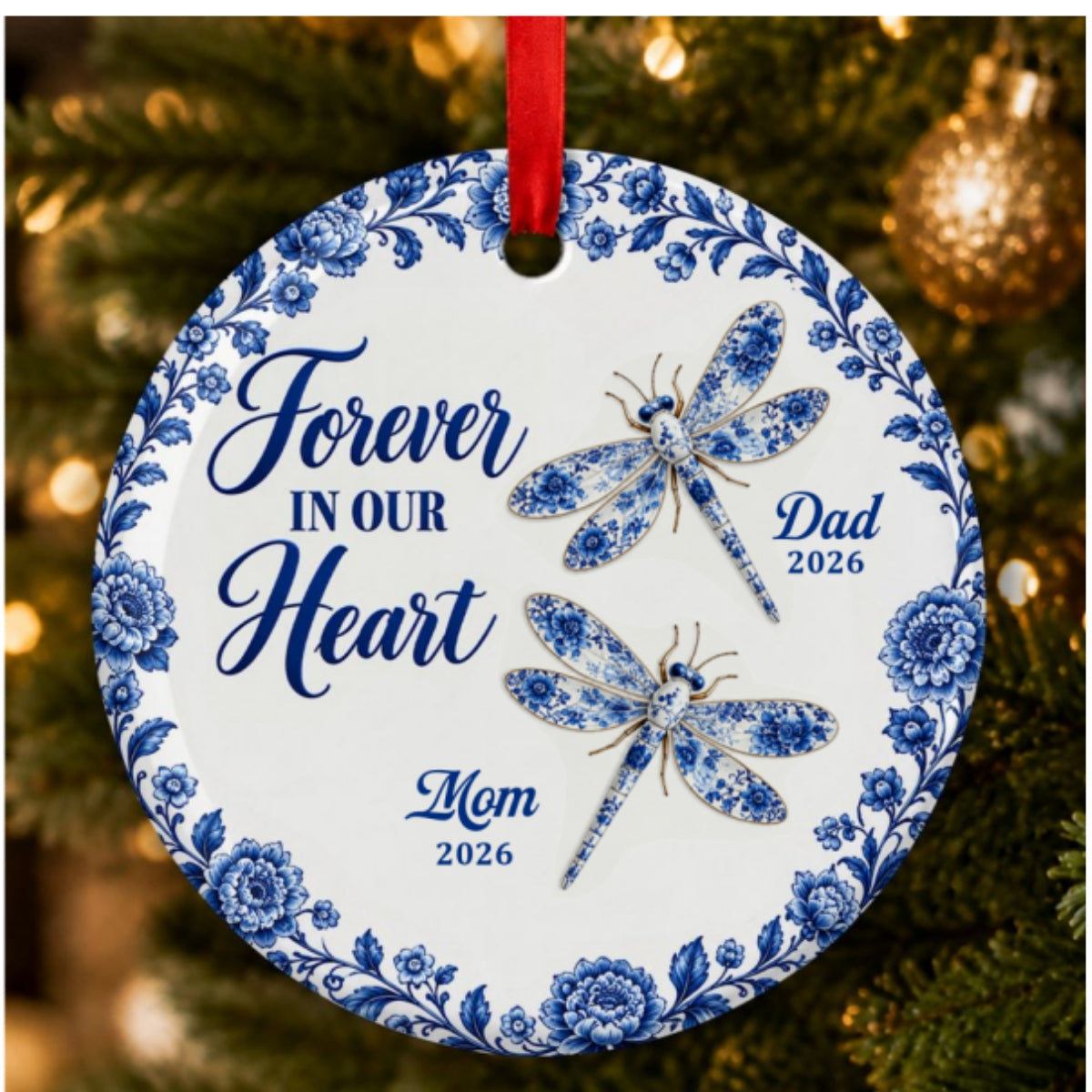 Remembrance Dragonfly, Personalized Gift For Family - Personalized Heart Shaped Ceramic Ornament