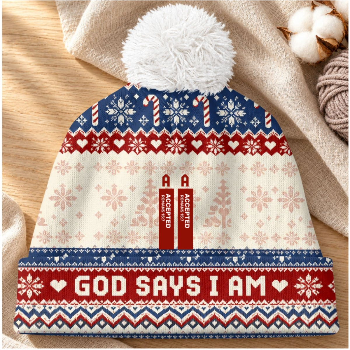 God Says I Am Christmas, Christian Christmas For Mom, Daughter, Wife, Sister | Personalized Bobble Beanie Hat