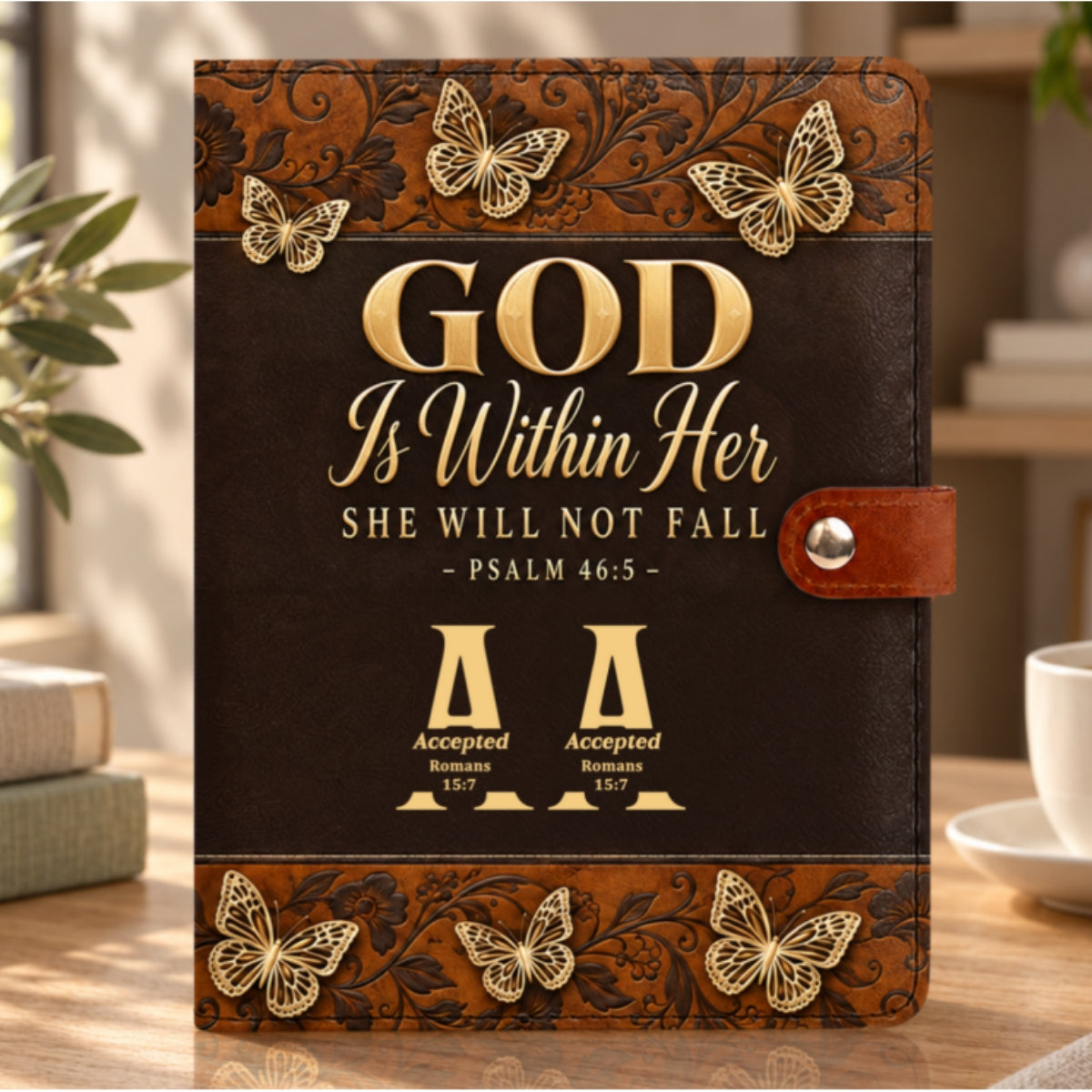 God Is Within Her She Will Not Fall, Gift For Women | Personalized Leather Notebook Cover With Pocket