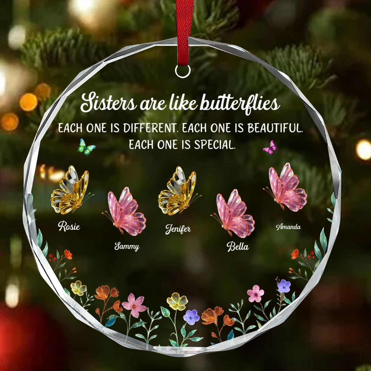 Festive Sister Love, Gift For Sister | Personalized Round Shaped Glass Ornament