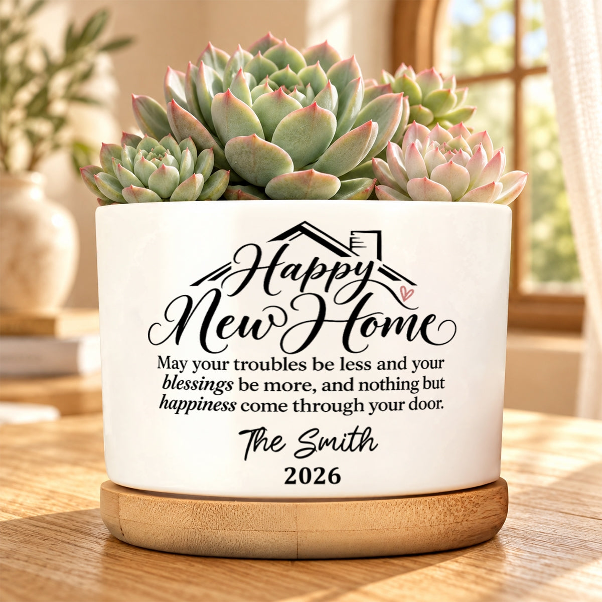 Personalized Ceramic Plant Pot With Bamboo Tray