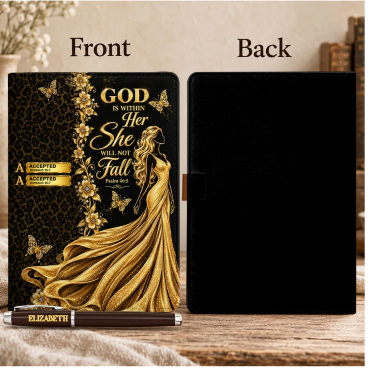 God Is Within Her She Will Not Fall, Gift For Women | Personalized Leather Notebook & Pen Set