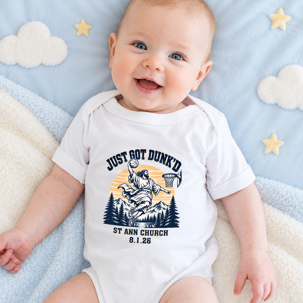Just Got Dunk'd, Religious Figure With Basketball Hoop, Gift For Baby And Relgious | Personalized Custom Baby Onesie