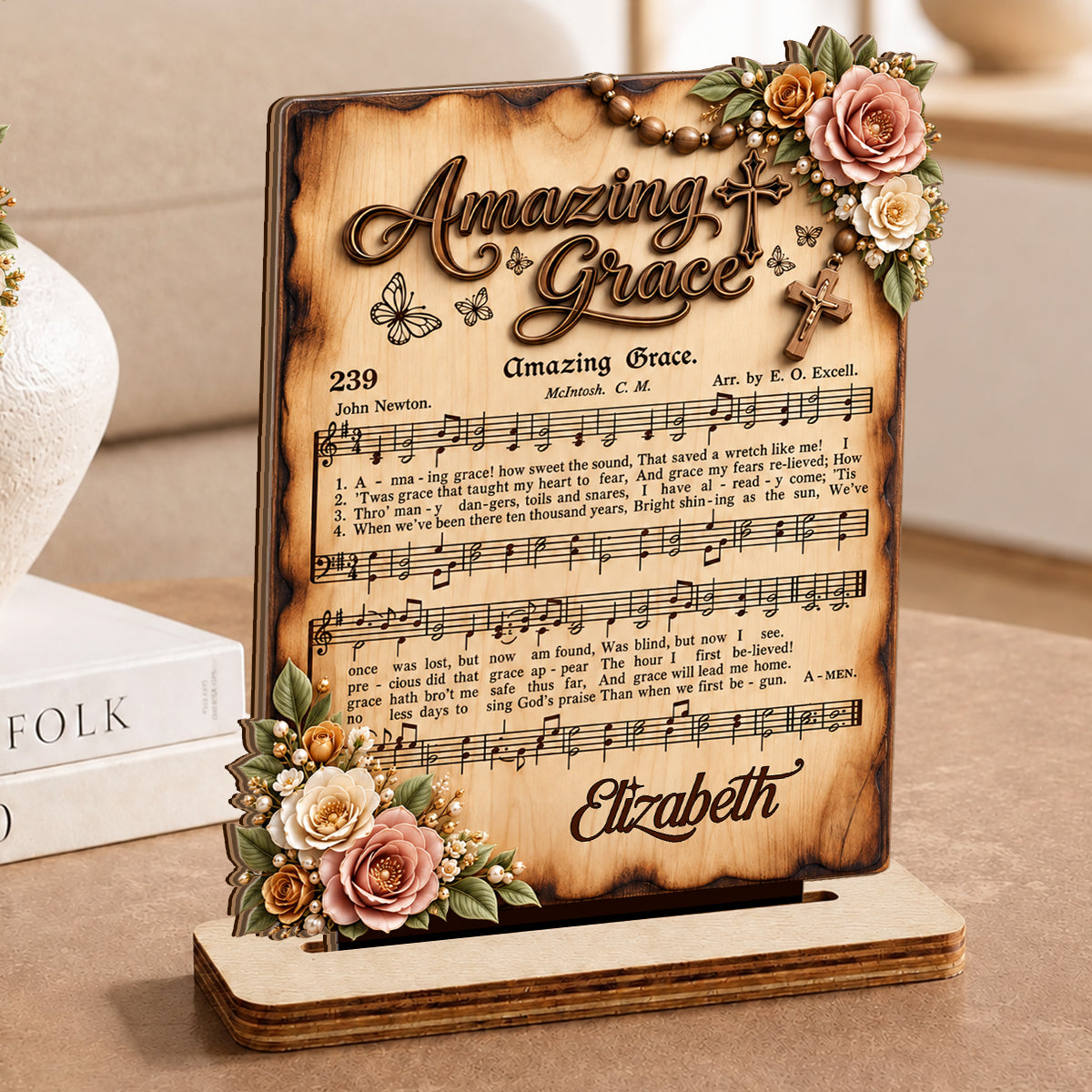 Amazing Grace, Gift For Mom | Personalized 2-Layer Wood Plaque With Flat Base