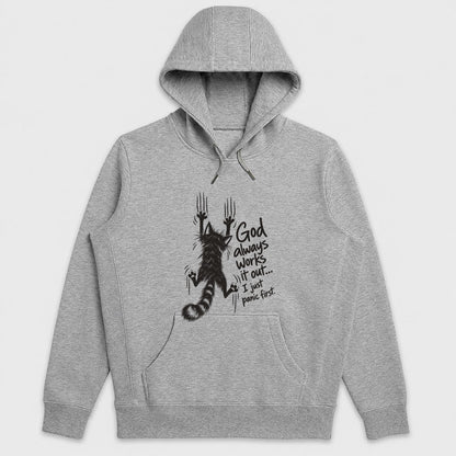 God Always Works It Out I Just Panic First, Gift For Cat Mom | 2D Unisex Hoodie