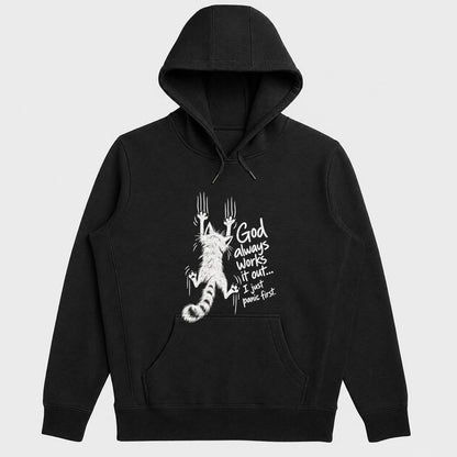 God Always Works It Out I Just Panic First, Gift For Cat Mom | 2D Unisex Hoodie