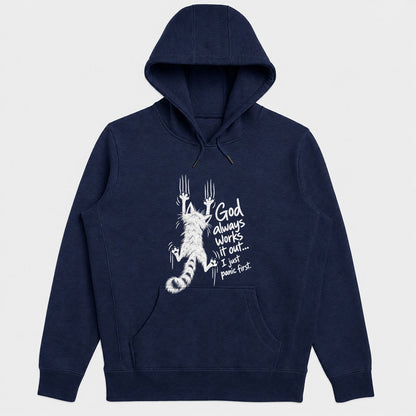 God Always Works It Out I Just Panic First, Gift For Cat Mom | 2D Unisex Hoodie
