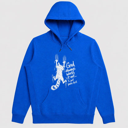God Always Works It Out I Just Panic First, Gift For Cat Mom | 2D Unisex Hoodie