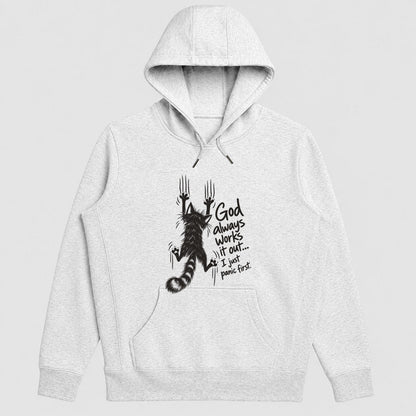 God Always Works It Out I Just Panic First, Gift For Cat Mom | 2D Unisex Hoodie