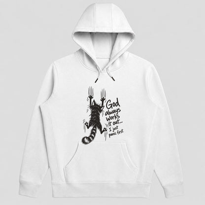 God Always Works It Out I Just Panic First, Gift For Cat Mom | 2D Unisex Hoodie