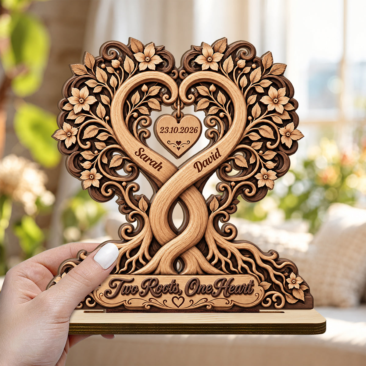 Couple Heart Tree Wooden Block, Anniversary Gifts For Couples | Personalized 2-Layer Wood Plaque With Flat Base