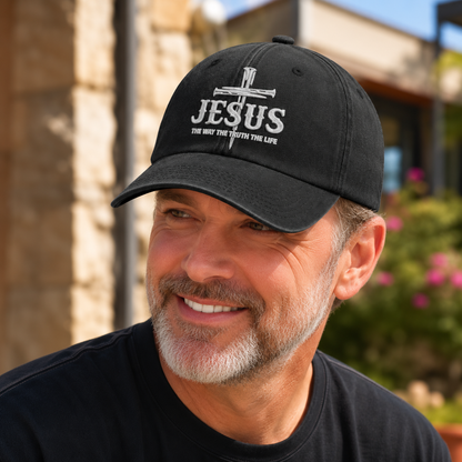 Jesus The Way The Truth The Life, Gift of Faith | Personalized Vintage Washed Denim Cap