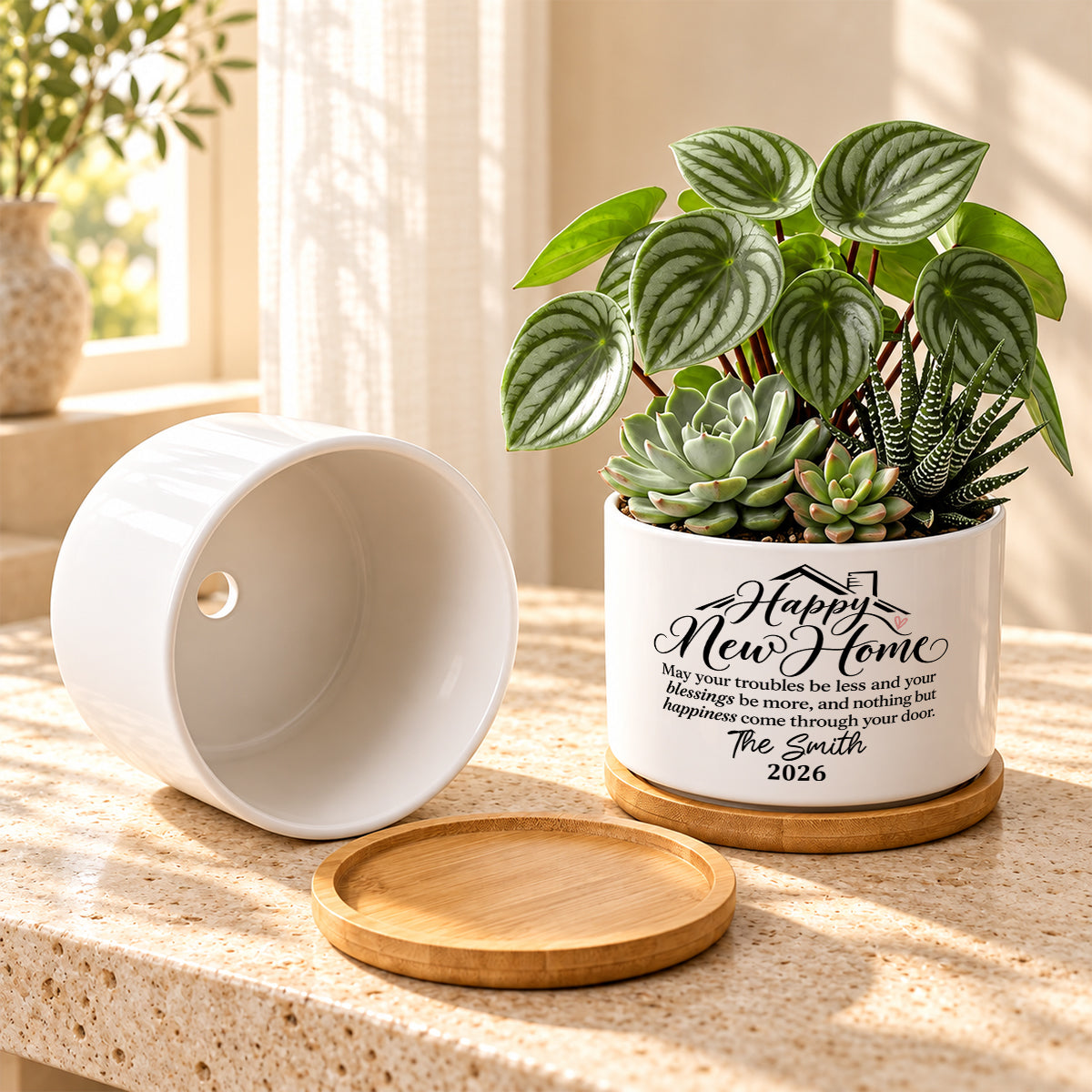 Personalized Ceramic Plant Pot With Bamboo Tray