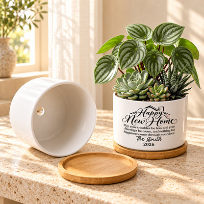Personalized Ceramic Plant Pot With Bamboo Tray