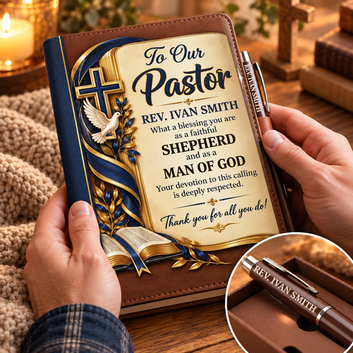 To Our Pastor And Pastor's Wife, Christian Gift For Pastor | Personalized Leather Notebook & Pen Set
