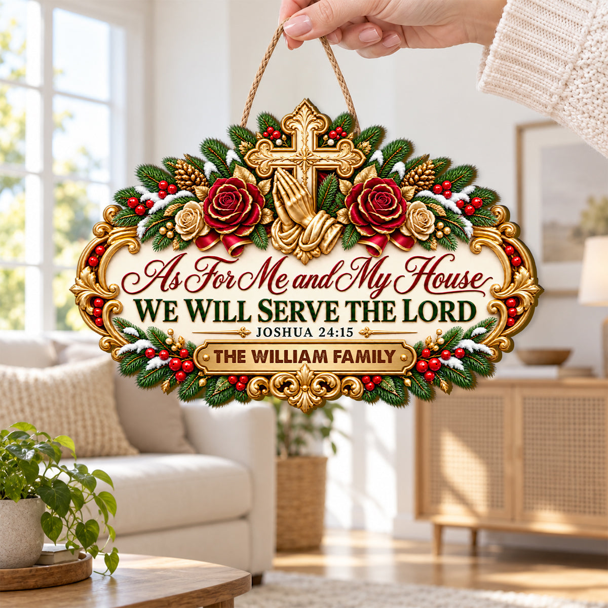 As For Me And My House We Will Serve The Lord, Gift For Christian Family | Personalized Wooden Door Sign