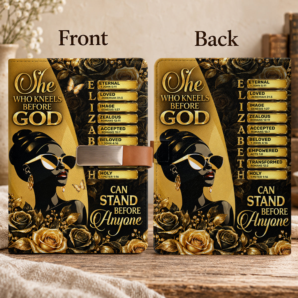 She Who Kneels Before God Can Stand Before Anyone, Gift For Women | Personalized Leather Notebook & Pen Set