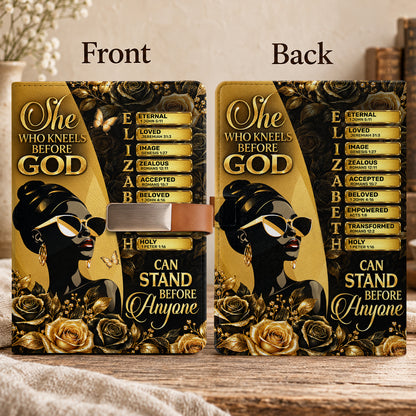 She Who Kneels Before God Can Stand Before Anyone, Gift For Women | Personalized Leather Notebook & Pen Set