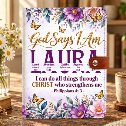 God Says I Am, Personalized Gift For Daughter | Personalized Leather Notebook Cover With Pocket