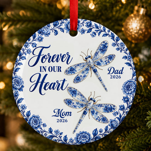Remembrance Dragonfly, Personalized Gift For Family - Personalized Heart Shaped Ceramic Ornament