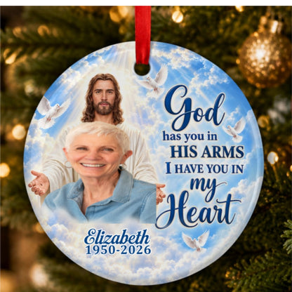God Has You In His Arms, Gift For Mom | Personalized Heart Shaped Ceramic Ornament