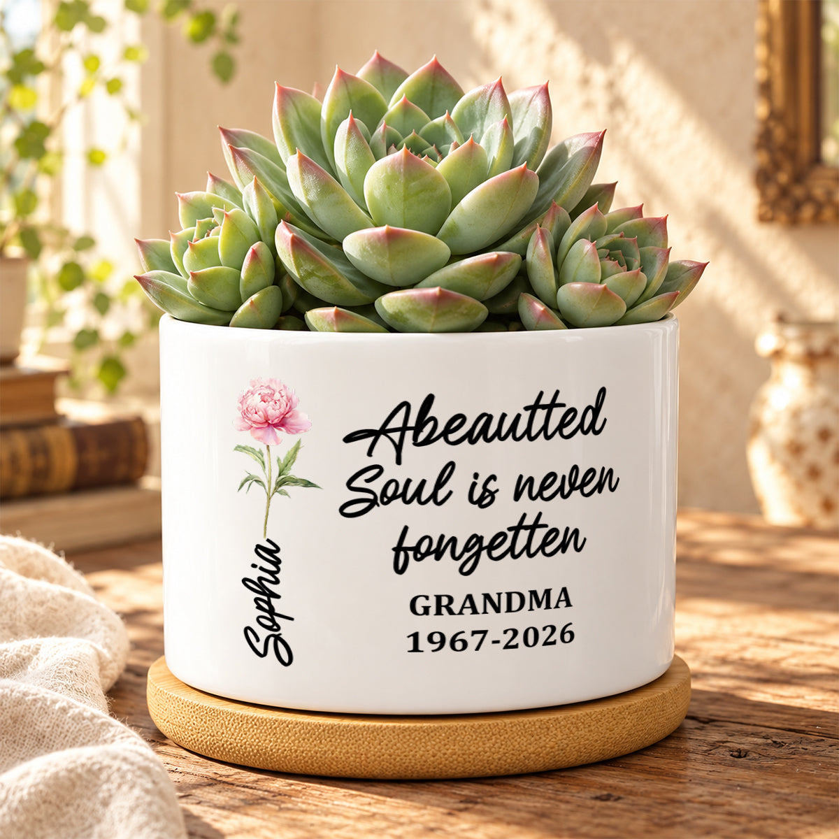 A Beautiful Soul Is Never Forgotten Grandma, Memorial Gift | Personalized Ceramic Plant Pot With Bamboo Tray