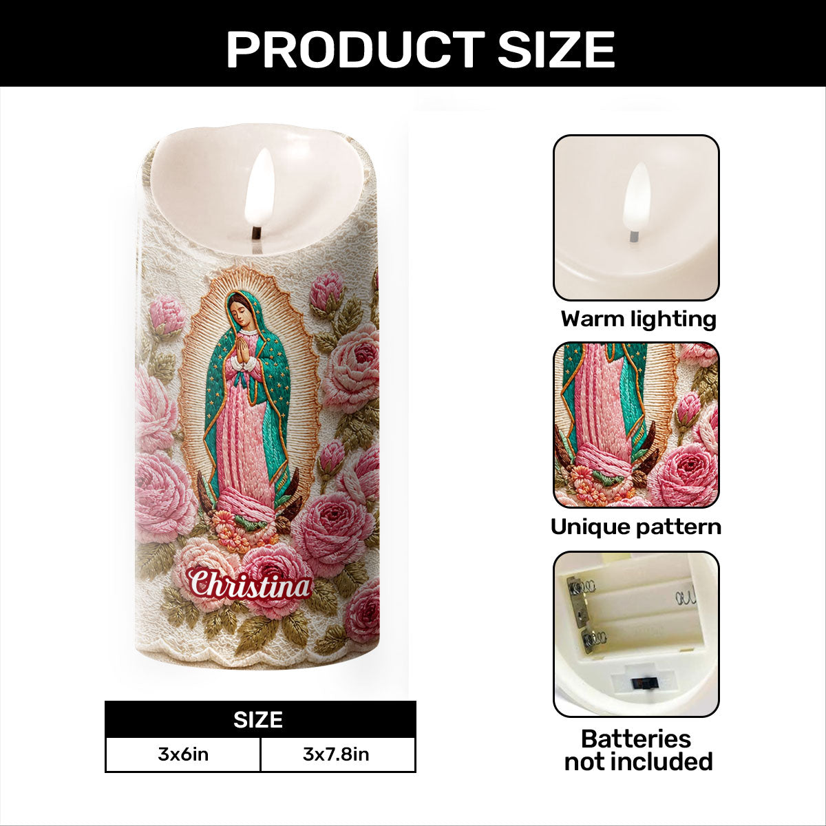 Our Lady Of Guadalupe Floral - Personalized Flameless LED Candle