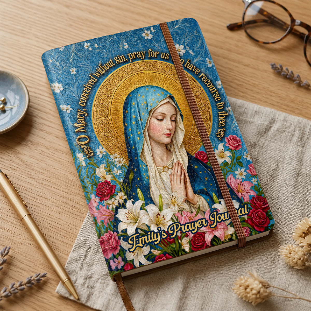 Our Lady Of Grace And Roses, Gift For Mom | Personalized Leather Cover Notebook