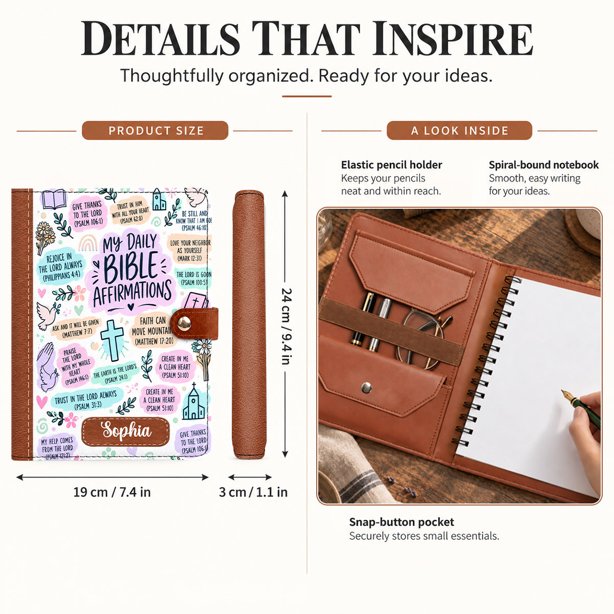 My Daily Bible Affirmations, Gift For Women | Personalized Leather Notebook Cover With Pocket