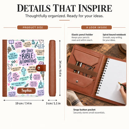 My Daily Bible Affirmations, Gift For Women | Personalized Leather Notebook Cover With Pocket