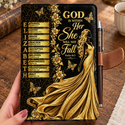 God Is Within Her She Will Not Fall, Gift For Women | Personalized Leather Notebook & Pen Set