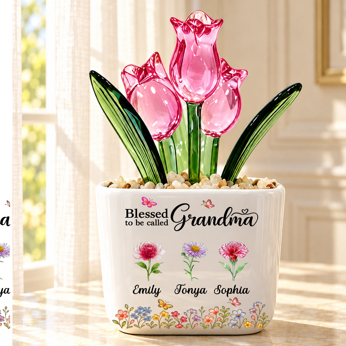 Blessed To Be Called Grandma, Christian Mother's Day Gifts For Grandma | Personalized Glass Everlasting Tulips