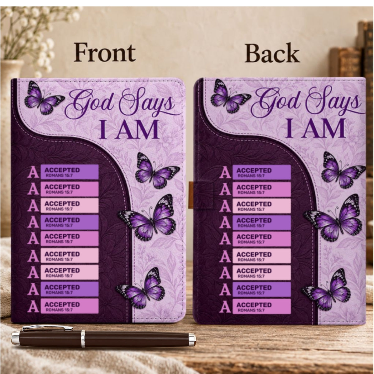 God Says I Am, Gift For Her | Personalized Leather Notebook & Pen Set